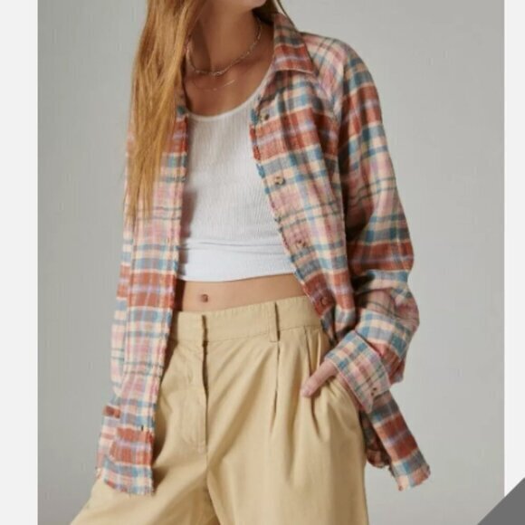 Lucky Brand Tops - Lucky Brand Plaid Button Front Raw Hem Tunic Shacket Size XS NWT